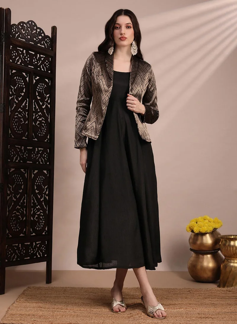globus Globus Women Black Panelled Fit & Flare Midi Dress With Shawl Lapel Self Design Festive Brocade Blazer
